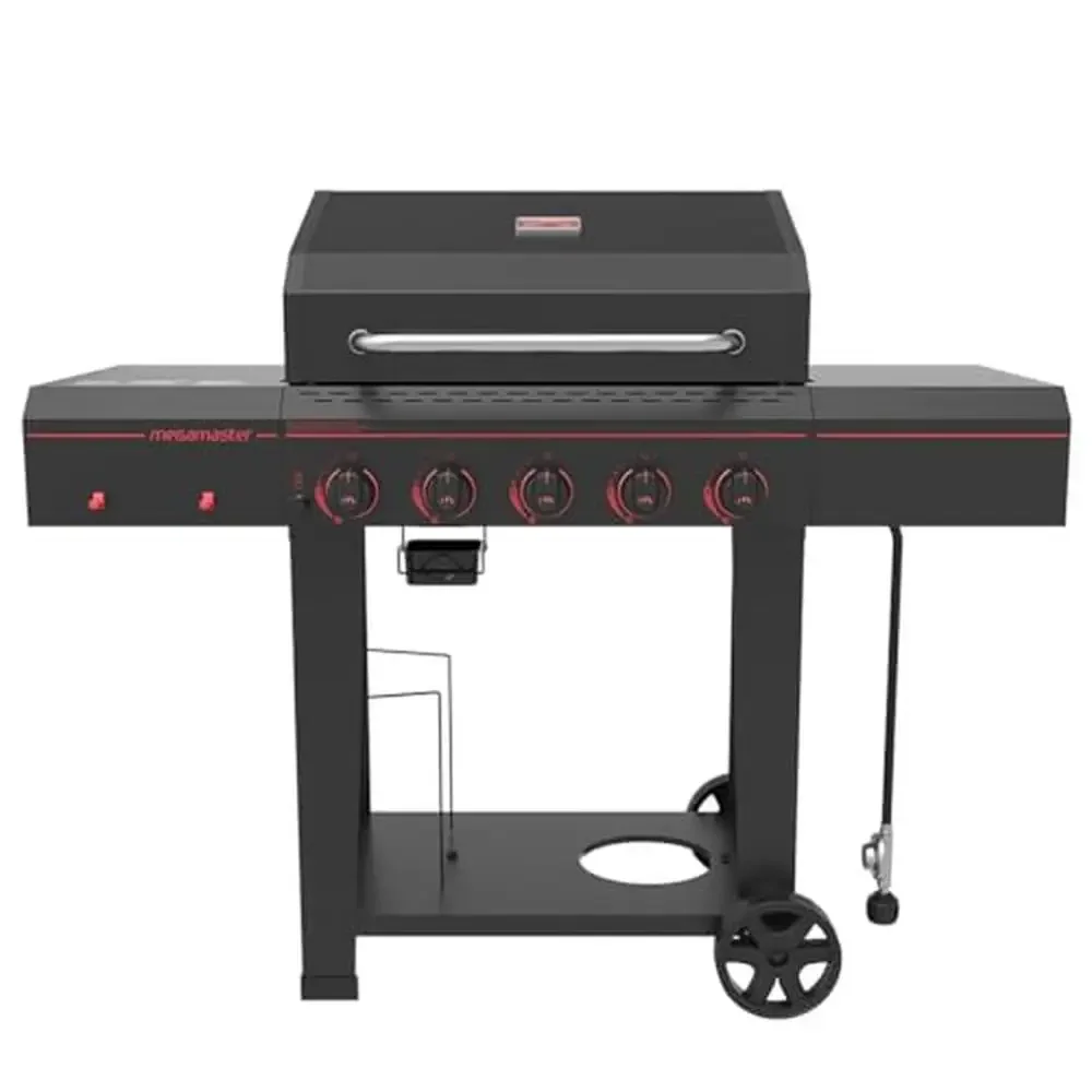 5 Burner Gas BBQ Grill 656 sq. in. Cooking Area 50,000 BTUs Cast Iron Grids Side Shelves Hooks Outdoor Cooking Patio Grill