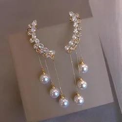 New Classic Elegant Imitation Pearl Dangle Earrings For Women Crystal Long Tassel Exquisite Drop Earring Wedding Jewelry Gifts