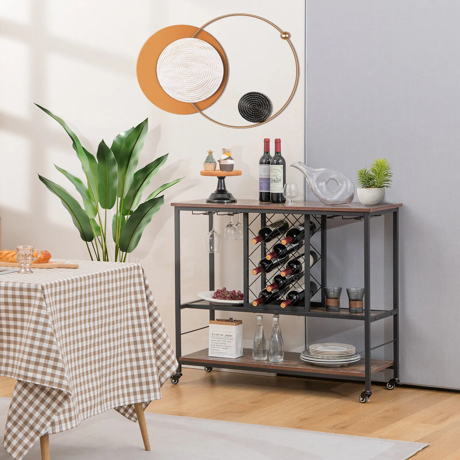 Costway อุตสาหกรรมเครื่องดื่มแอลกอฮอล์บาร์รถเข็น Rolling Kitchen Serving Cart W/ที่เก็บแก้วไวน์ผู้ถือ