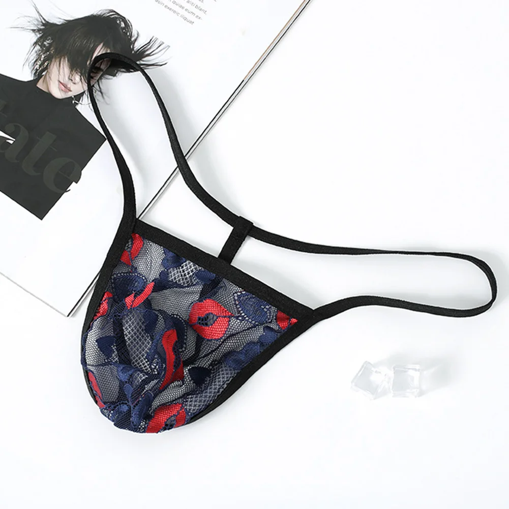 Men Mesh Sexy Printed G-Strings UnderpantFemboy Thongs Sheer T-back See Through Lingerie Perspective Breathable Erotic Underwear