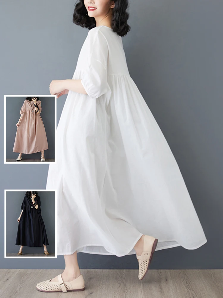 

Breathable Lightweight Cotton Linen Long Dr n Sle Summer Casual Beach Vaion Loose Fit round Ne Five Sve