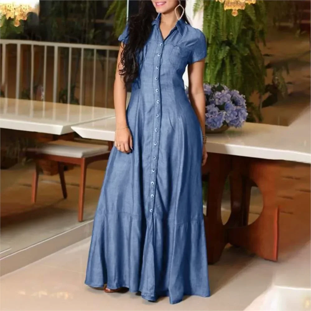 

2024 Women New Lapel Pocket Splicing Casual Short Sleeved Solid Color Large Swing Denim Dress Loose Single Breasted Shirt Dress