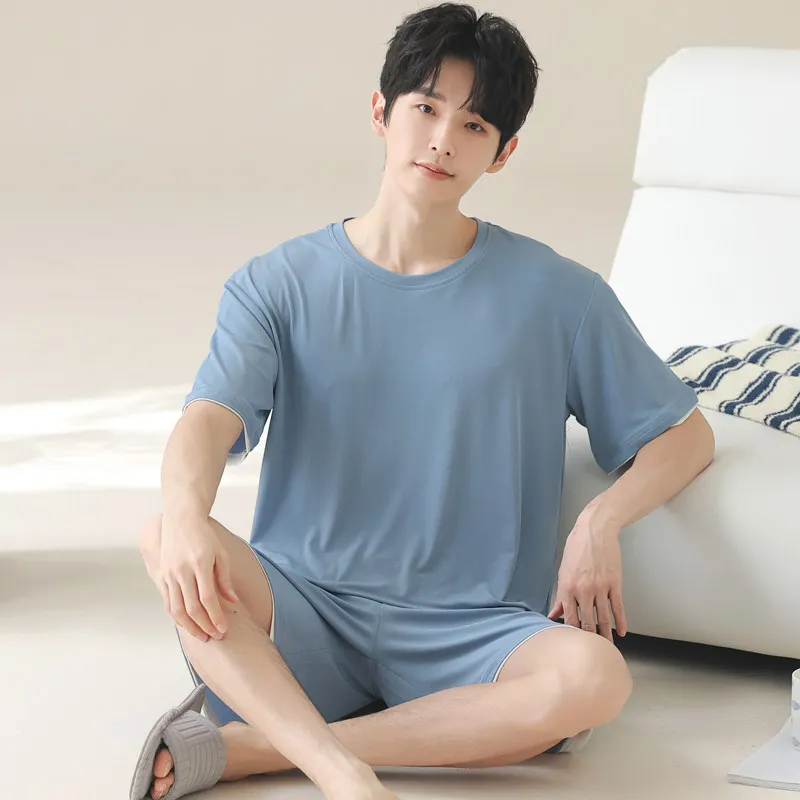 Loose Sleepwear for Men Summer Ice SIlk Short Sleeve Shorts Breathable Two Piece Mens Pajama Set Loungewear pyjama homme 3XL 2XL