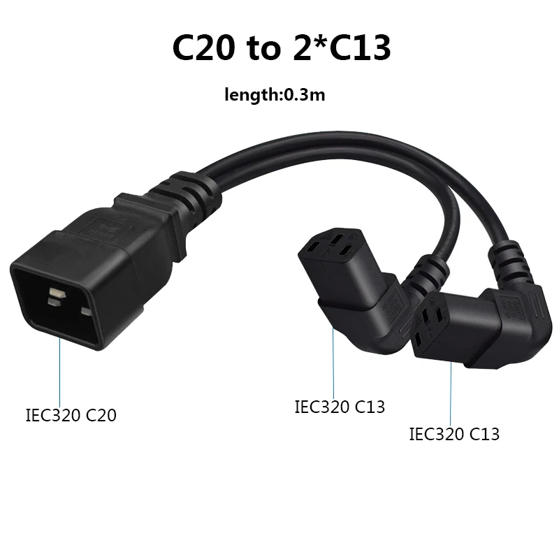 延長電源ケーブルc20〜c13,ダブルアングルアダプタ,リードコード,PCモニター,コンピューターサーバー,UPS, PDU, 0.3m