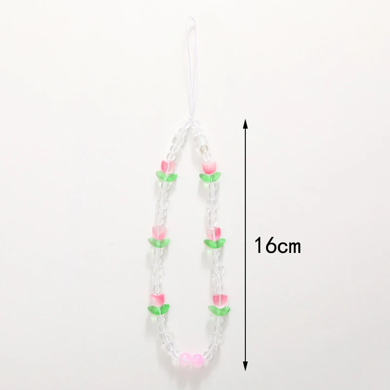 الكورية أزهار لطيفة توليب اللؤلؤ مطرز سلسلة الهاتف للهاتف المحمول الحبل قلادة مكافحة خسر شنقا المجوهرات #6