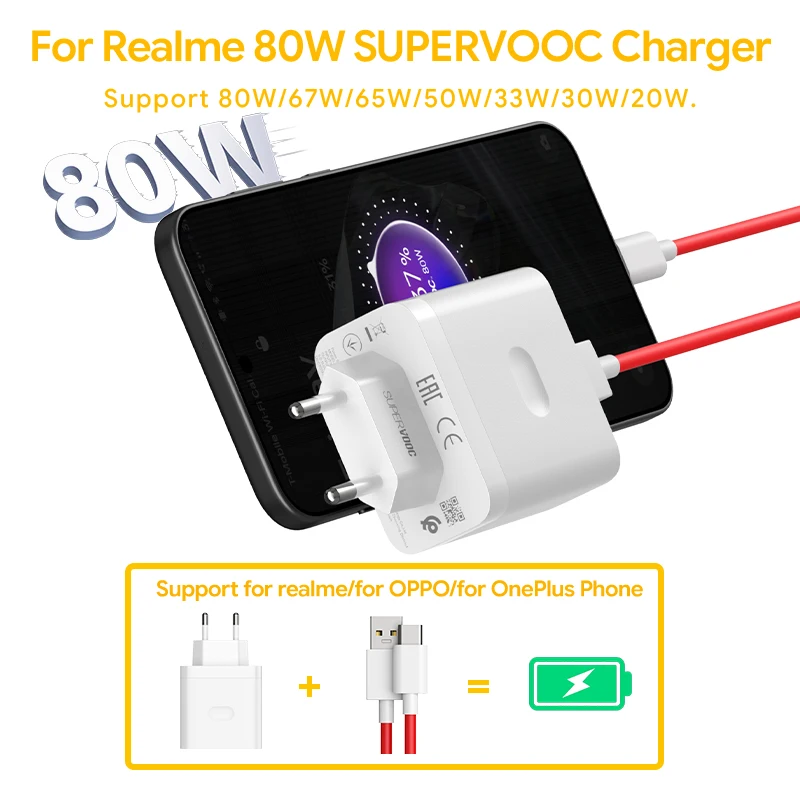Original Realme 80W Supervooc Charger EU US Fast Charging Power Adapter USB C Cable Realme 16 14 12 11 Pro+ 14T 14X P4 Power P3
