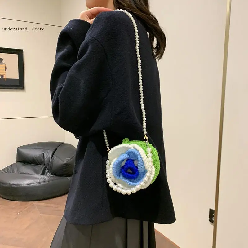 Color Sweet Causal Blocked Flower Yarn Bag Pearl Chain Hand Crocheted Handbag Single Shoulder Women's Bag