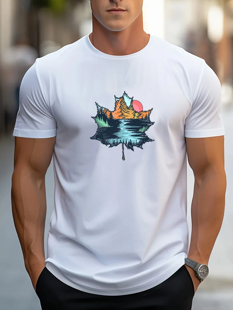 

For Men's Summer 100Cotton Fashionable Casual Loose Plus Size Maple Leaf Pattern Printed Sports Round Neck Short Sleeved T-shirt
