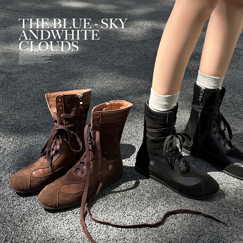 

2026 осенне-зимние женские ботильоны 22-24,5 см из коровьей замши + воловьей кожи с круглым носком, со шнуровкой по бокам, на низком каблуке, пикантные модные короткие ботинки