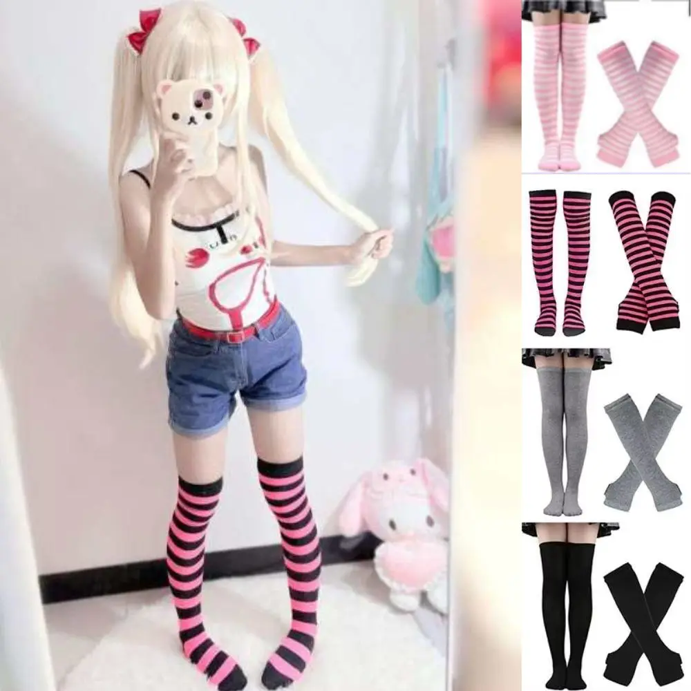 

Y2K Women Arm Sleeve Over Knee Long Stripe Printed Thigh High Cotton Socks Arm Warmer Sweet Cute Gloves Plus Size Overknee Socks
