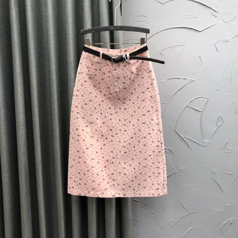 Pink Floral Print High Waist Denim Skirt Women's Summer New Fashion Commuting Loose Slimming Printed A-Line Dress