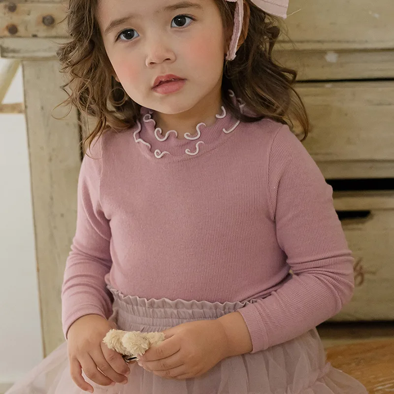 

Korean Autumn Kids Baby Girls Top Long Sleeved Black Fungus Collar Toddler Kids Baby Undershirt Casual Versatile 1-6Y Girls Top