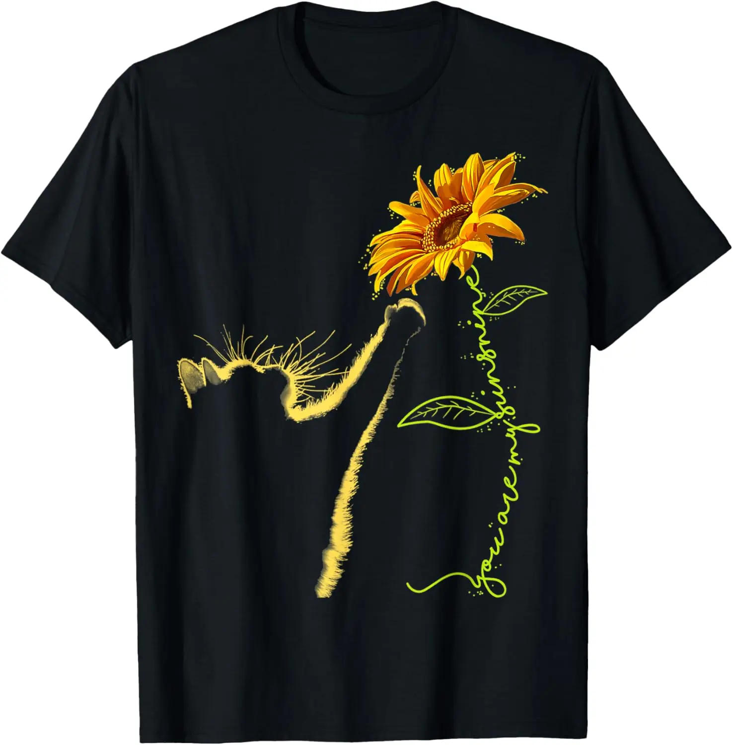 Cat Reaching Sunflower You Are My Sunshine Graphic T-Shirt Short Sleeve Cotton Crewneck Tee for Cat Lovers