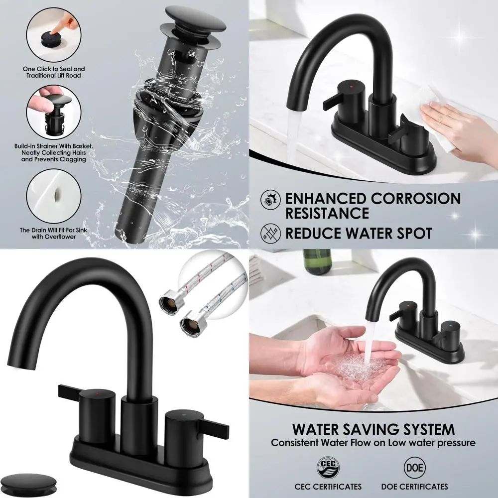

4 Inch Black Two-Handle Bathroom Sink Faucet with 3-Hole Pop-Up Drain and 2 Lead-Free Hoses