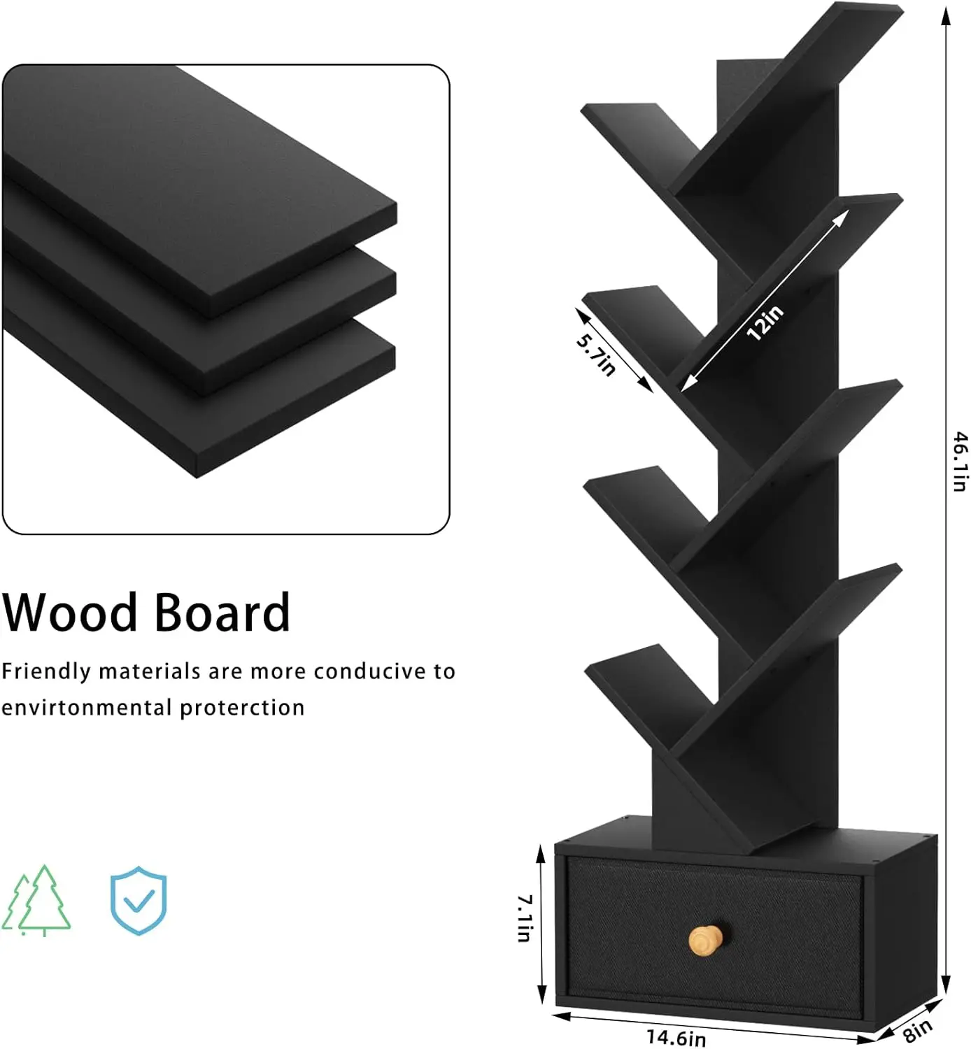 8-Tier Tree Bookshelf with Drawer, Space-Saving Wood Bookcase for Living Room, Bedroom, Home Office Storage