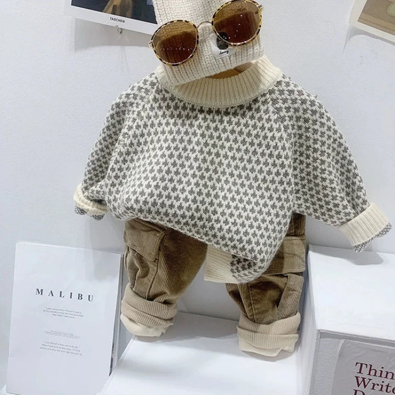 Boys Woolen Sweater Crochet Cotton Windbreak 2026 Dazzling Warm Thicken Autumn Winter Pullover Plus Size Children's Clothing