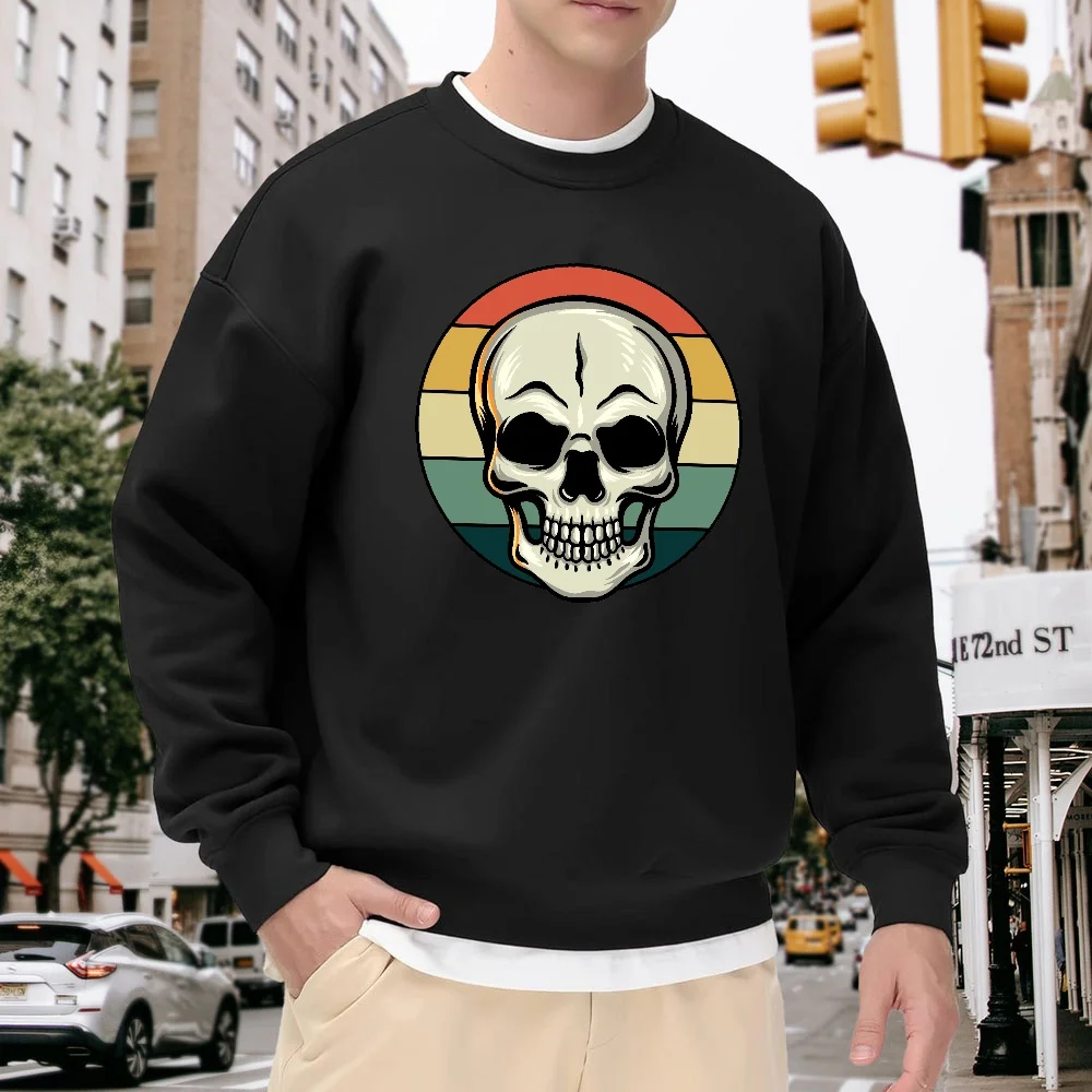 

Men's Black Crew Neck Loose Sweatshirt, Vintage Skull Print Top, Street Fashion Style, Everyday Casual Versatile Style, Comfortable Breathable Pullover