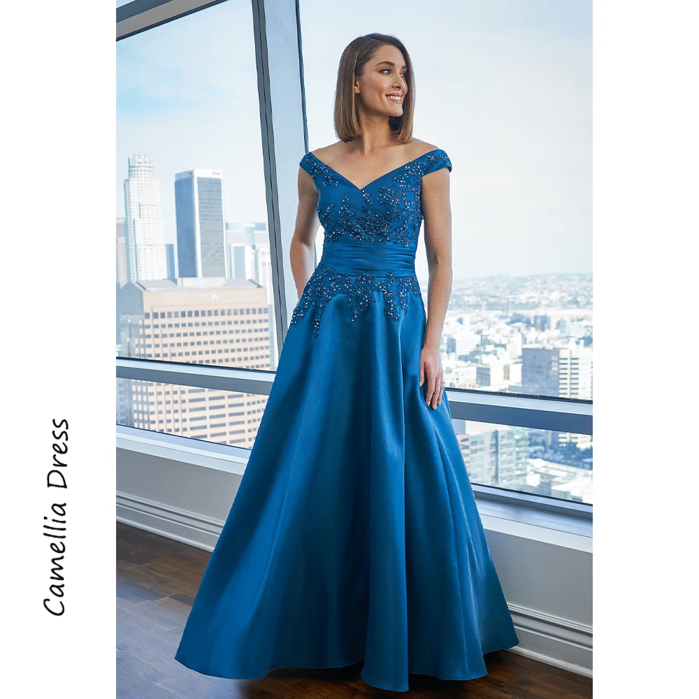 

Princess A-line Evening Dresses Off Shoulder Cap Sleeves Party Dresses Satin Formal Dresses Vestidos De Fiesta فساتين السهرة