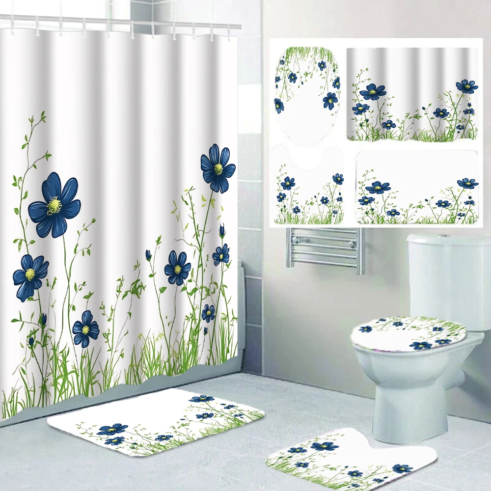 Duschvorhänge mit 1/4 Blumen und Pflanzen-Aufdruck, Toilettensitz-Dekoration, Duschvorhang mit Teppich und Toilettendeckel, 70,8 x 70,8 Zoll