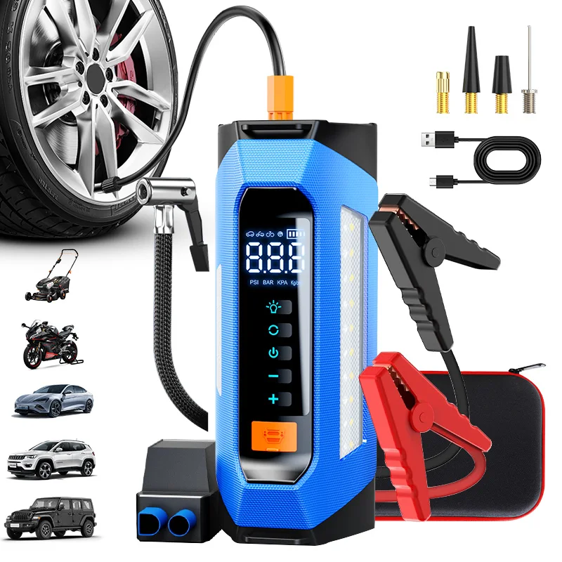 

8000a Amp 200 Psi Car Jumper Multi Function 12v Battery Booster Capacitor Auto Compressor Power Bank Jump Starter With Air Pump