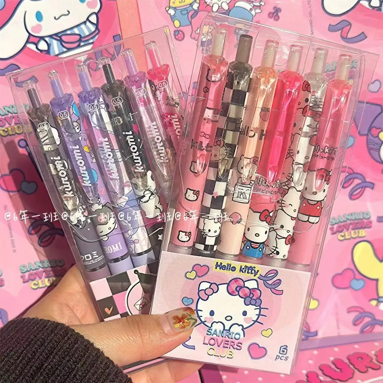 6Pcs Sanrio Gel Pen Hello Kitty Cartoon Kuromi ST Quick Drying Black 0.5mm Press The Ballpoint Pen Learning Stationery Gifts