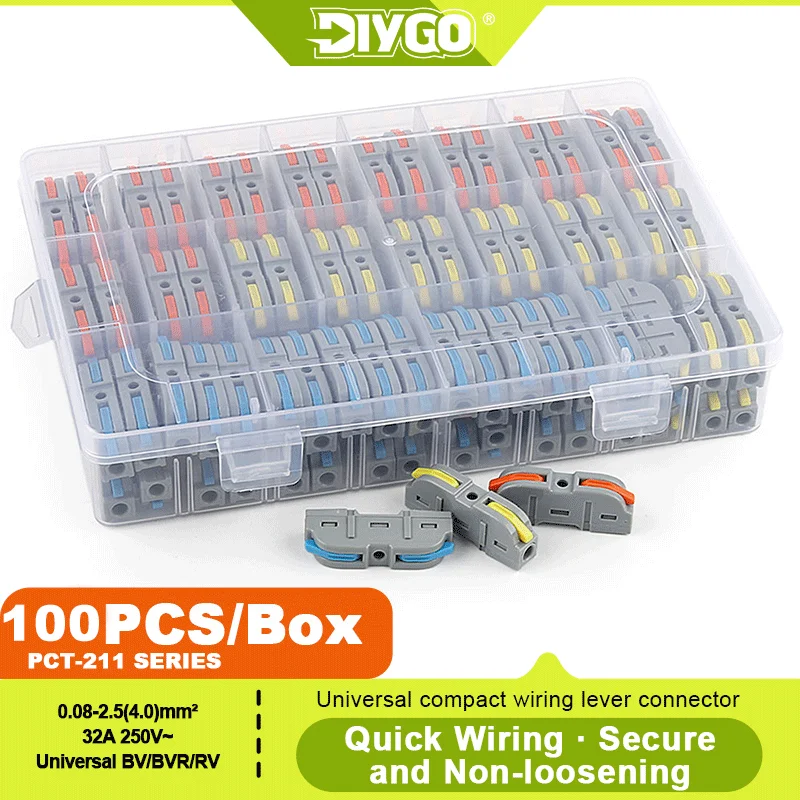 

DIY GO 100PCS Lever Wire Connectors AWG 28-12, Quick Connect Electrical Splicing Kit for Compact Inline Terminals 1 in 1 Out