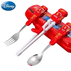 Disney Lightning McQueen Stitch Mickey Minnie Elsa Princess Cartoon Cute Style Children Learning Chopstick Set Box Spoon Fork