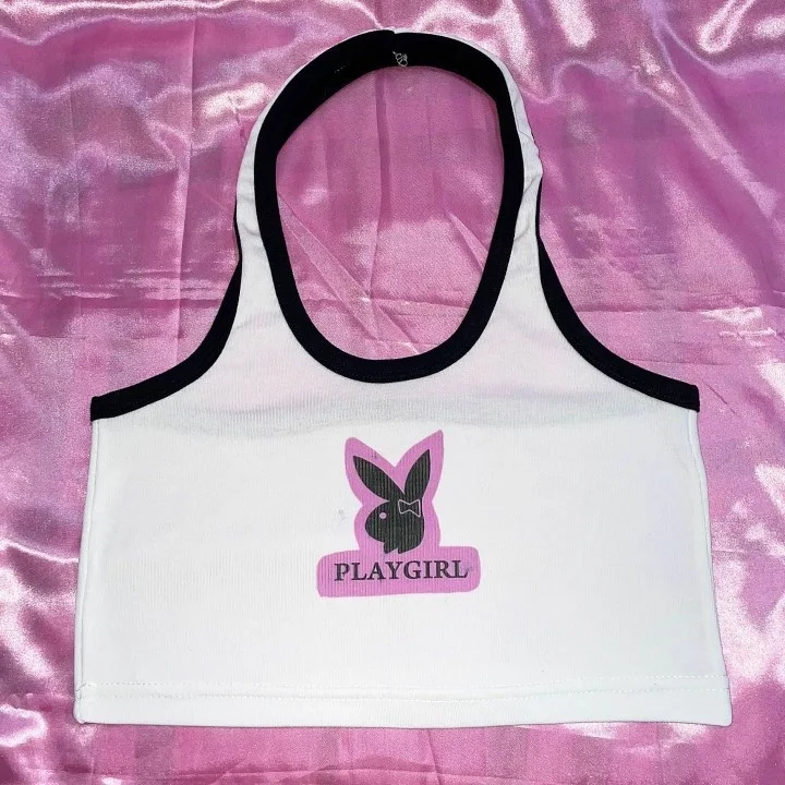 Y2K PlayGirl Halter Tank Tops Vintage Spice Girl Printed Rabbit Egirl Crop Top  Unique Top T Shirt