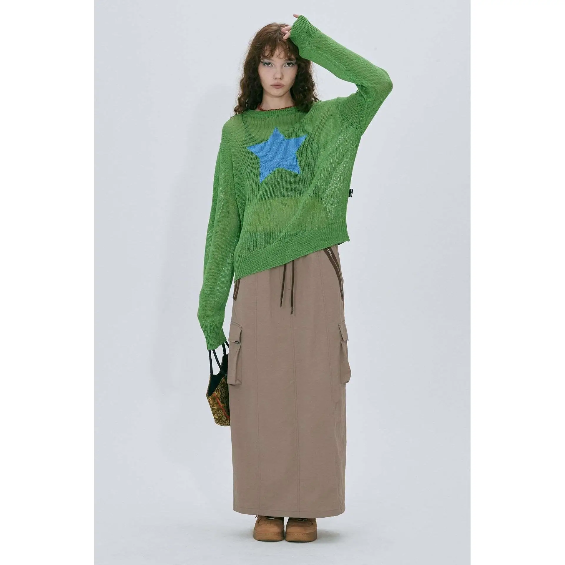 Sexy Hollow out Star Pattern See tough Knitted T irt Women's Outerwear Long Sve round Ne Top Trendy Street Sle