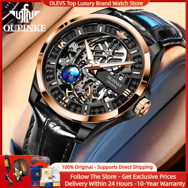 

OUPINKE 3268 Luxury Men Fully Automatic Mechanical Watch Fashion Hollow 3D Rotating Earth Watch Sports Men Waterproof Clock