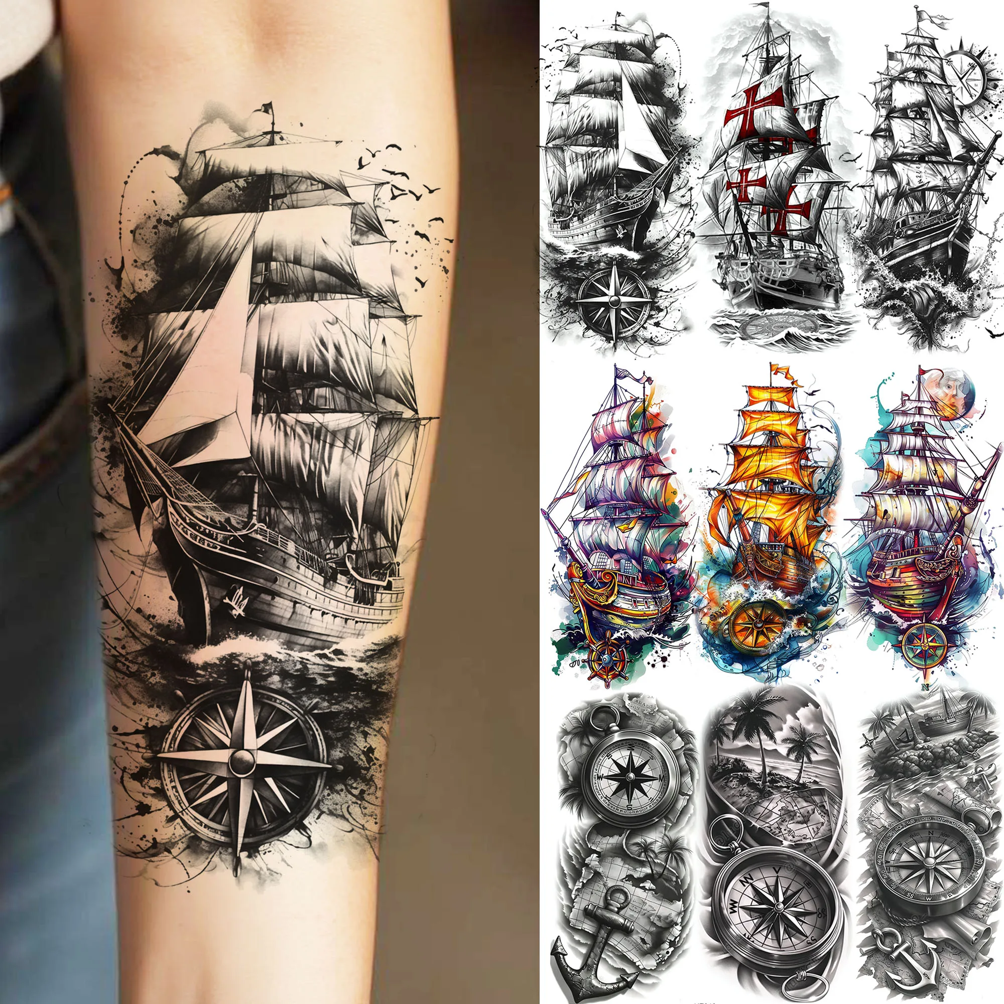 1 Sheet Realistic Sailing Boat Pirate Ship Temporary Tattoos Waterproof Anchor Compass Tatoos Fake Tattoos Long Lasting Stickers