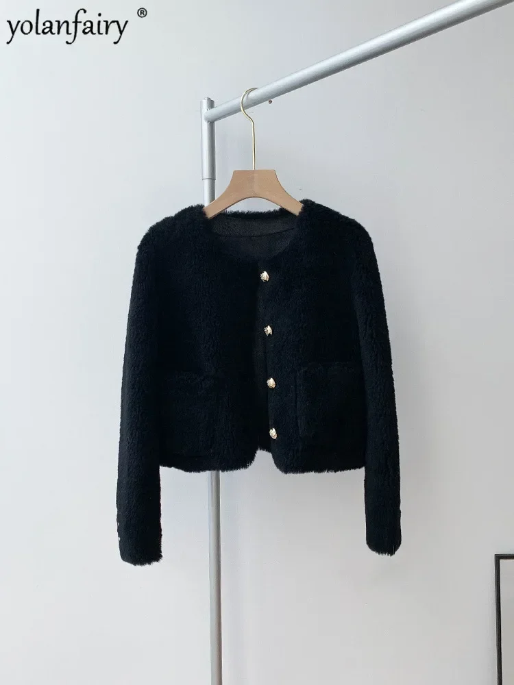 معطف فرو حلو من YOLANFAIRY معاطف شتوية قصيرة برقبة دائرية للنساء 30% فرو مركب من الصوف سترة فرو متكاملة ملابس عصرية