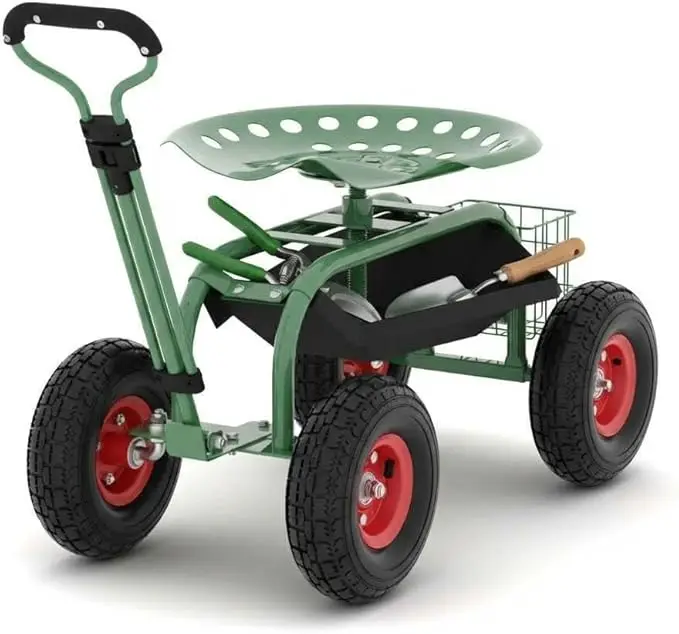 

Garden Rolling Stool with Wheels - Heavy Duty Gardening Cart with Steering Handle & 360° Swivel Seat, Outdoor Work Chair for Planting, Weeding & Lawn Care