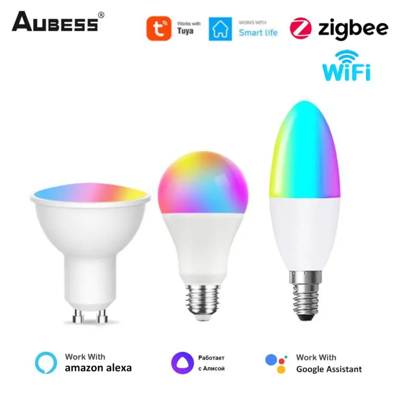 

Светодиодная смарт-лампа AUBESS Tuya Wi-Fi ZigBee, приглушаемая волшебная лампа E14 E14 GU10 RGBCW для умного дома, с приложением Alexa Google Home Яндекс Alice