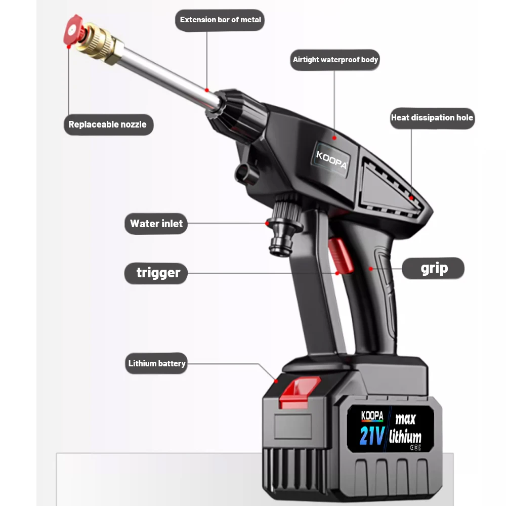 21V Cordless Pressure Washer,60Bar Multifunction Nozzle 1xBattery-Powered Copper Motor Washer Kit for Car Washing Window Clean