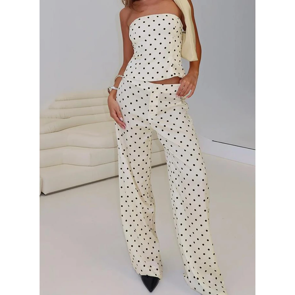 Women's High Street Sleeveless Pant Set Strapless Dots Print Tube Top And Wide Leg Pants Two Piece Outfit Loungewear