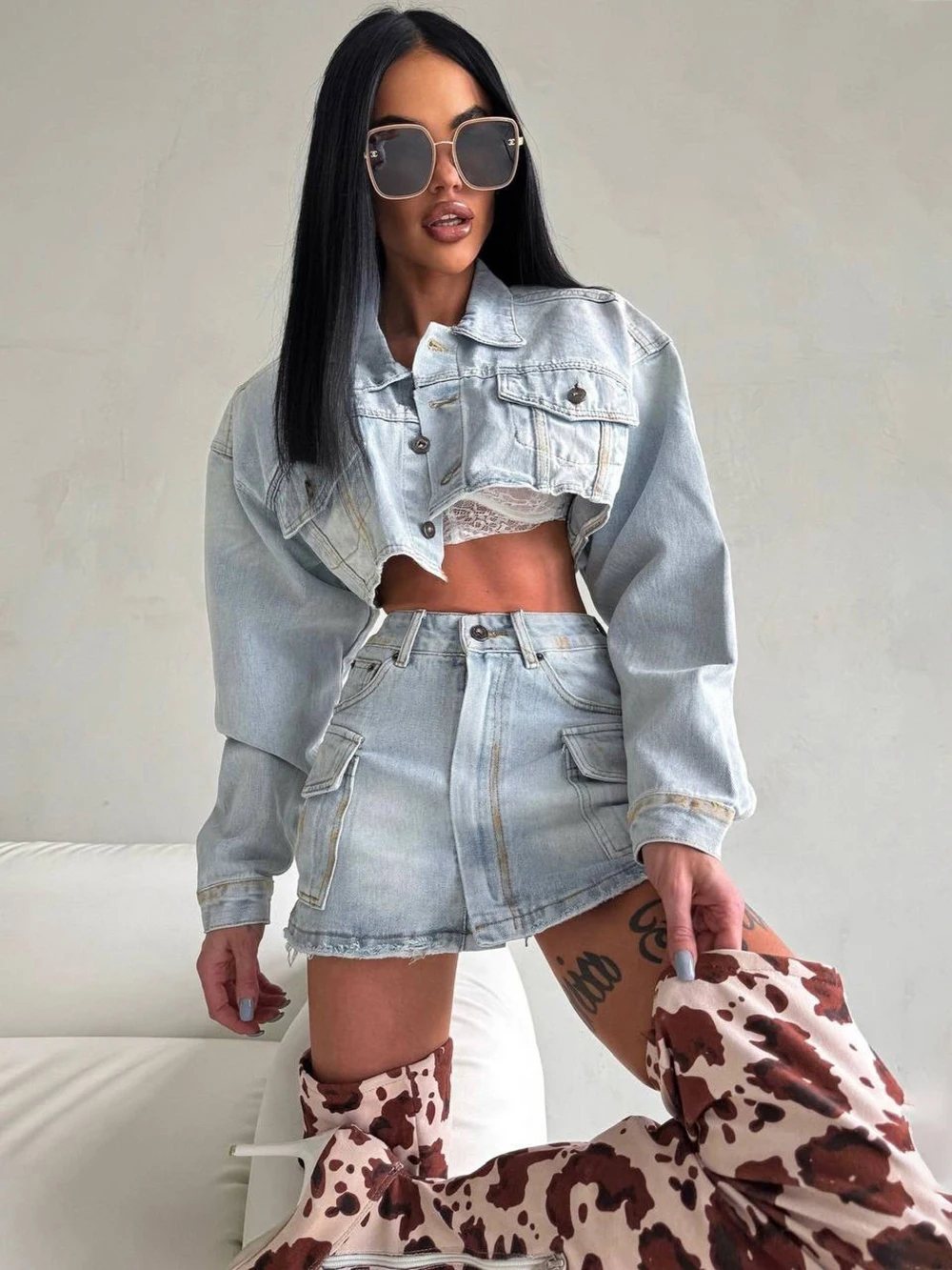 

Women's denim 2piece Set Short Jacket Short Skirt Set Spicy Girl American Vintage 2025 New Spring Summer Female Fashion Outfit