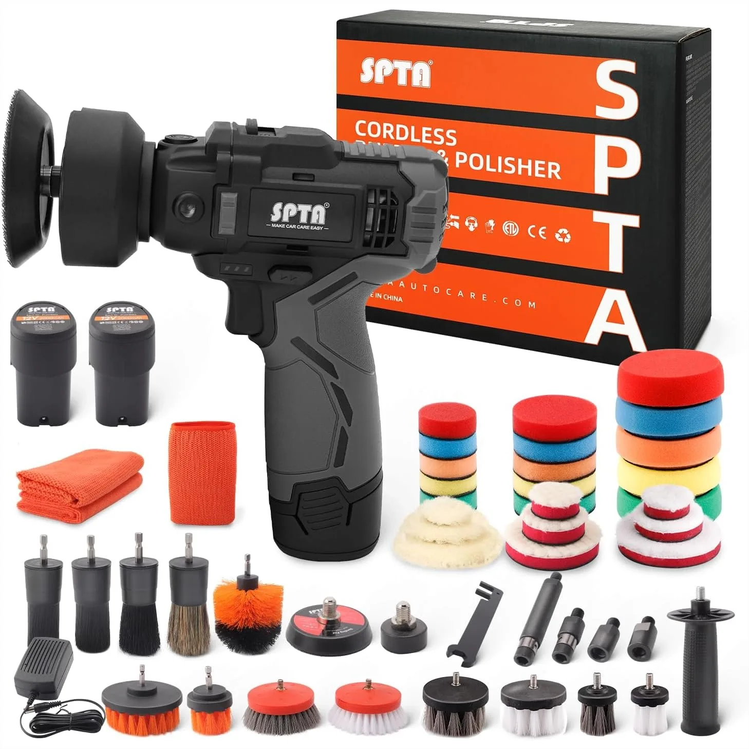 

Cordless Car Rotary Polisher 37Pcs Kit, Variable Speed 0-2800/8300rpm, 2×2000mAh Batteries, Lightweight Portable for Auto