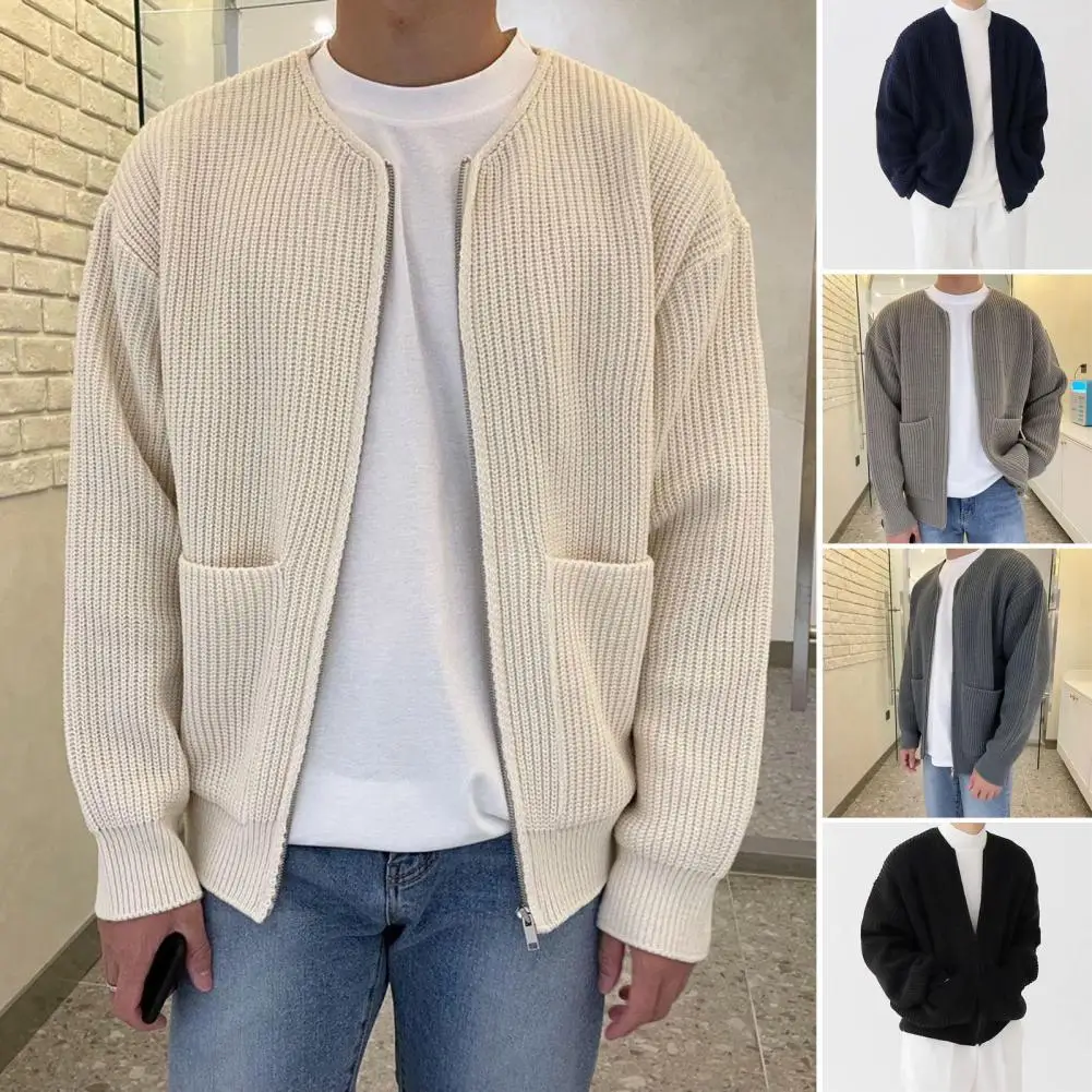 

Stretchy Men Coat Stylish Men's Zip-up Cardigan Sweaters for Autumn Winter Solid Color Knitwear Jackets with Front for Men