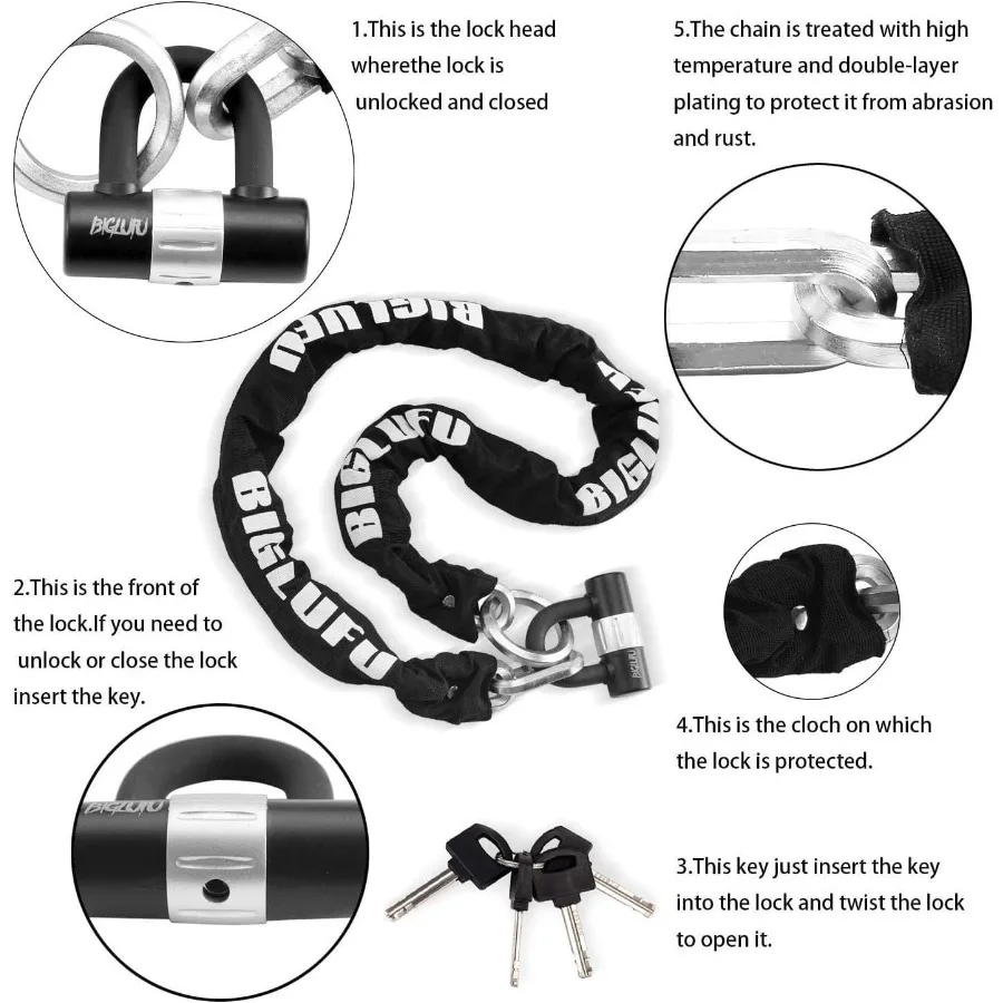 Zwaar uitgevoerde motorkettingsloten met 100 cm snijbestendige 12 mm vierkante ketting en 4 sleutels U-slot voor veilige bescherming van motor Bi
