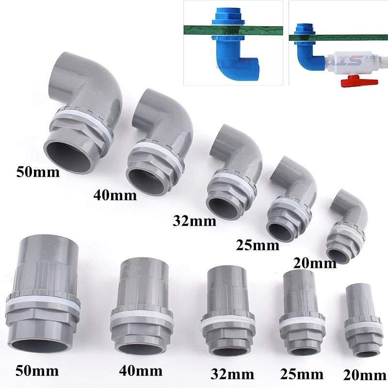 Grey 20~50mm PVC Pipe Aquarium Fish Tank Drain Joint 90° Water Supply Tube Connector Household DIY Water Inlet Outlet Tank Joint