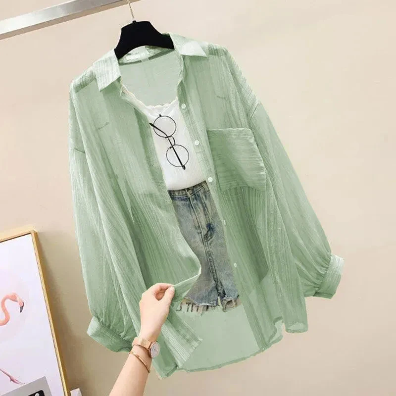 Chiffon Sun-Proof Shirt Women See-Through Casual Loose High Street Long-Sleeved Blouse Single-Breasted Turn Down Collar Cardigan