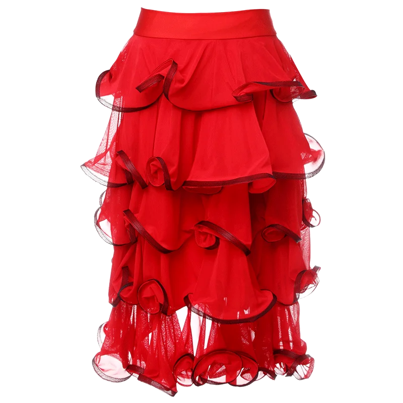 New Red Dance Skirt For Women/Ladies Multilayer Paso Doble Skirt Professional Flamenco Cowboy Competition Latin Skirt