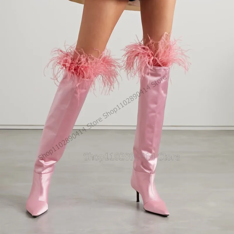 Pink Feather Decor Silk Pointed Toe Boots Knee High Slip On Women Shoes Thin High Heels Fashion Novel 2023 Zapatos Para Mujere