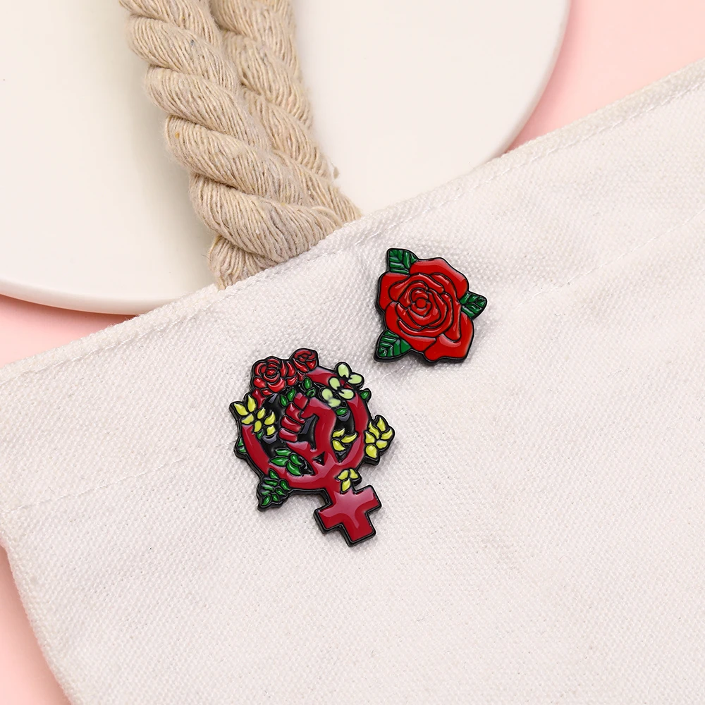 Classic Lady Knight Woman's Right Feminism Flower Enamel Pins  Violet Lily Narcissus Rose Shaped Metal Brooches Girl Power Badge