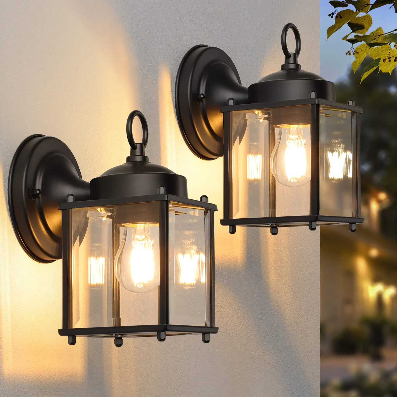 

Exterior Waterproof Wall Sconce Light Fixtures, Black Front Door Wall Lighting with Clear Beveled Glass Shade, 2 Pack