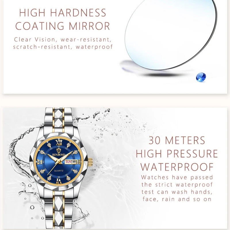 BINBOND Top Brand Luxury Fashion Business Ladies\' Watch 30M Waterproof Week Date Clock Sport full Dress Quartz Womens Wristwatch