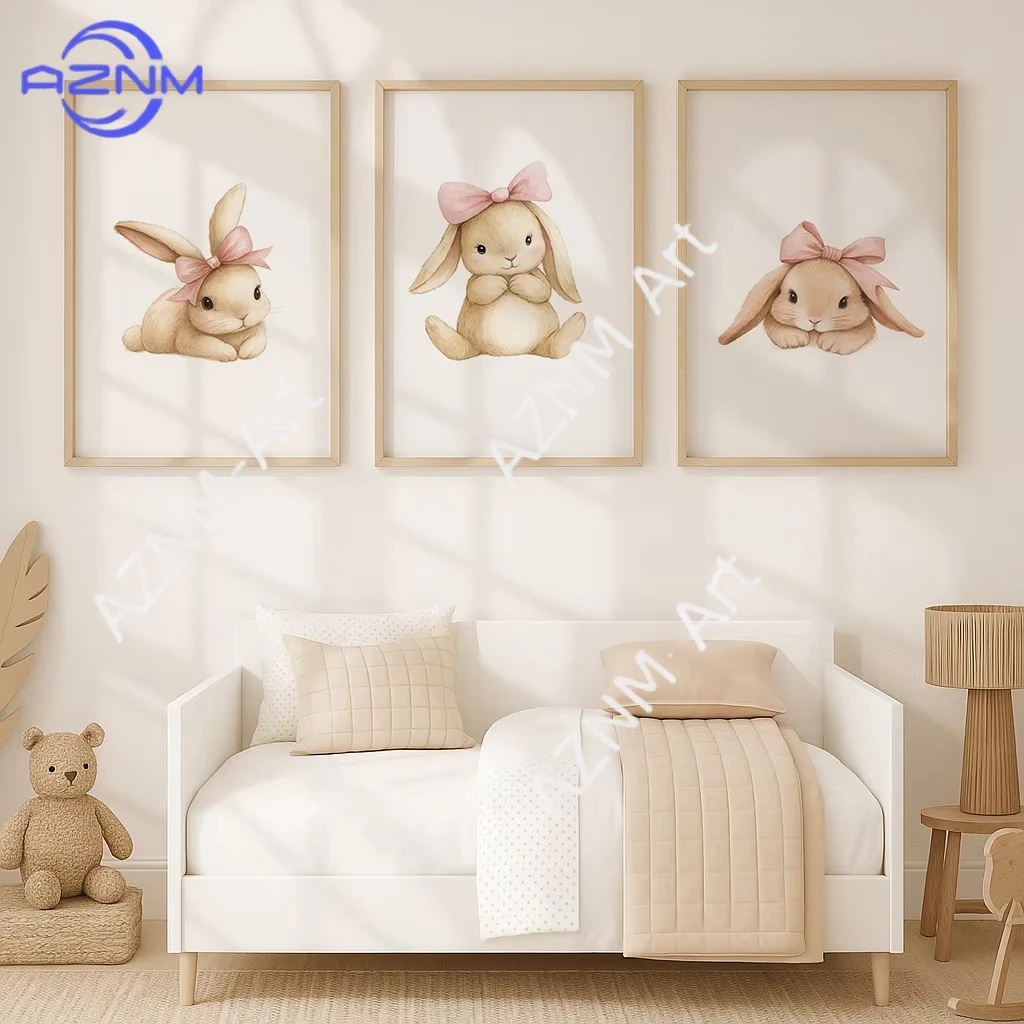1 Stück/3 Stück Baby-Mädchen-Kaninchen mit rosa Schleife Leinwanddruck Waldkaninchen Tier Oster-Wandkunst Poster für Schlafzimmer Heimdekoration