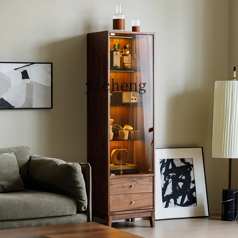 

ZYA black walnut solid wood storage locker modern light luxury glass wine cabinet TV bookcase room decor