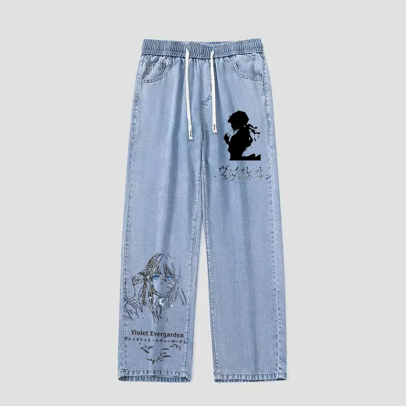 

Мужские свободные джинсы с ручной росписью в стиле аниме Violet Evergarden, из оксфордской ткани, со средней посадкой, с поясом